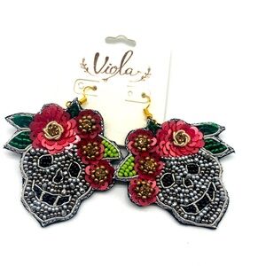 Skull Day of the Dead Holiday Beaded Dangle Earrings